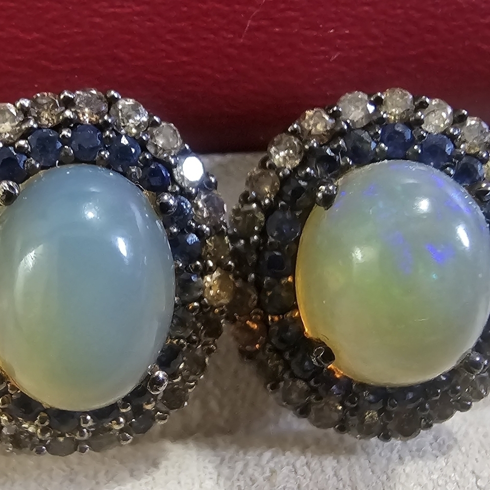 Cabochon Natural Australian Opal, Sapphire, and Colored Diamond Earrings. - Picture 2 of 8